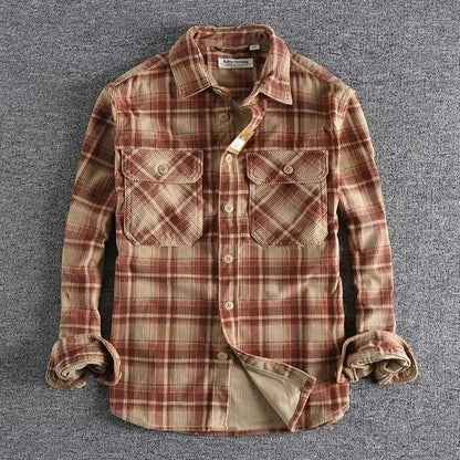 sanyamk Fashion Mens Classic Plaid Shirts Washed Corduroy Thick Autumn Spring Long Sleeve Comfortable Shirt Coat Men Clothing