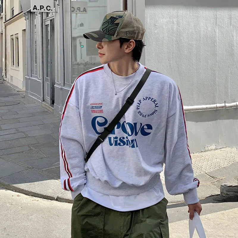 sanyamk  -  Letter Printing Men's Sweatshirts Round Collar Striped Contrast Color New Trendy Male Pullover Loose Tops Autumn 9C7916
