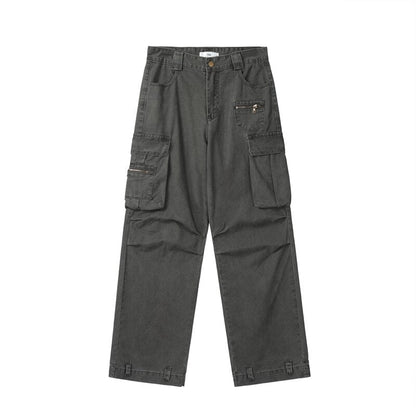 Bonsir Retro Multi-pockets Streetwear Wide Leg Casual Men's Cargo Pants Solid Color Straight Harajuku Hip Hop Loose Trousers Overalls