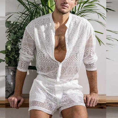 sanyamk Lace Fashion Men's Hollow Long-sleeved Cardigan Top Suit Summer Round Neck Shirt Solid Color Sport Breathable Clothing for Men