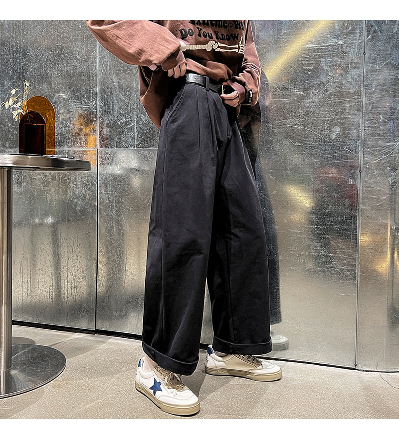 Bonsir Cotton Oversized Casual Pants Men Fashion Loose Wide Leg Pants Men Japanese Streetwear Hip Hop Straight Pants Mens Trousers