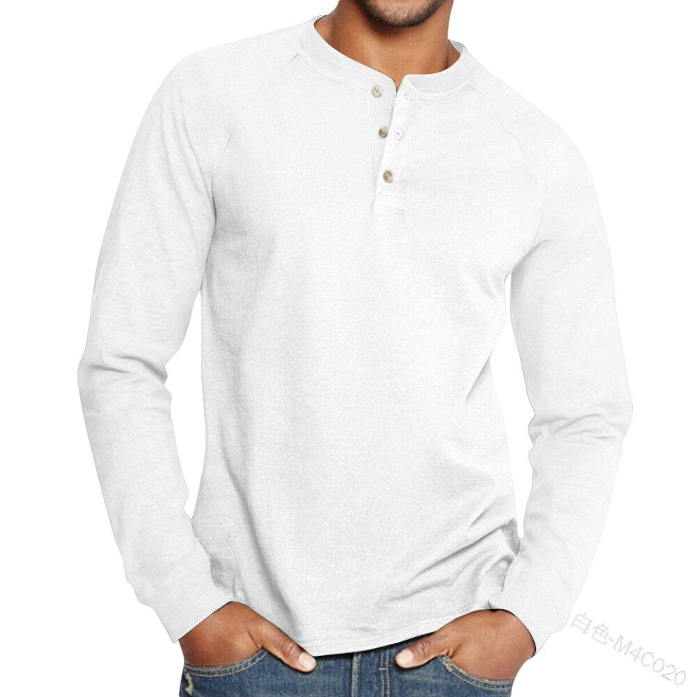 Bonsir Men's T-shirt Top Spring Autumn Fashion Solid Color Buttons Pullover T-shirt Women's Casual Long Sleeve Round Neck Loose T-shirt