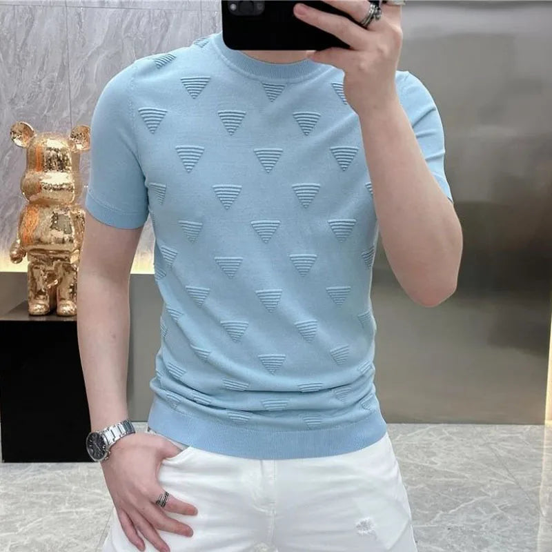 sanyamk Summer New Men's Pullovers Crew Neck Contrast Color Casual Fashion Loose All-match Young Style Short Sleeve Striped T-shirt Tops