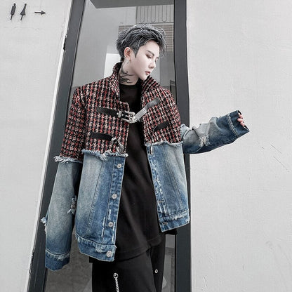 sanyamk Men Plaid Wool Denim Patchwork Streetwear Fashion Loose Casual Vintage Fashion Jacket Male Women Hip Hop Coat Outerwear