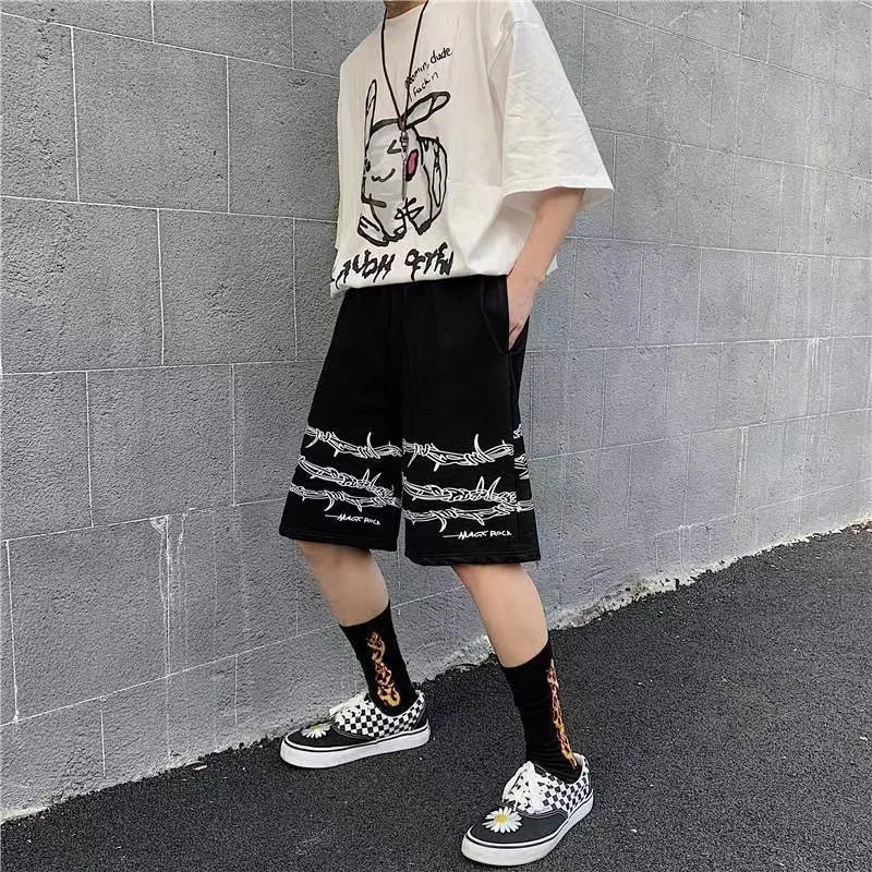 Bonsir Summer trend ins dark high street hip-hop print personality casual shorts men's elastic waist tie quick-drying pants