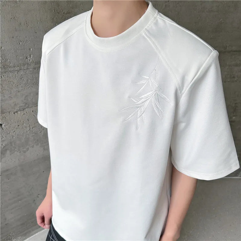 sanyamk  -   New Chinese Style Embroidery T-shirt Solid Color Short Sleeve Round Collar 2024 Summer Fashion Casual Male Tops T-shirts