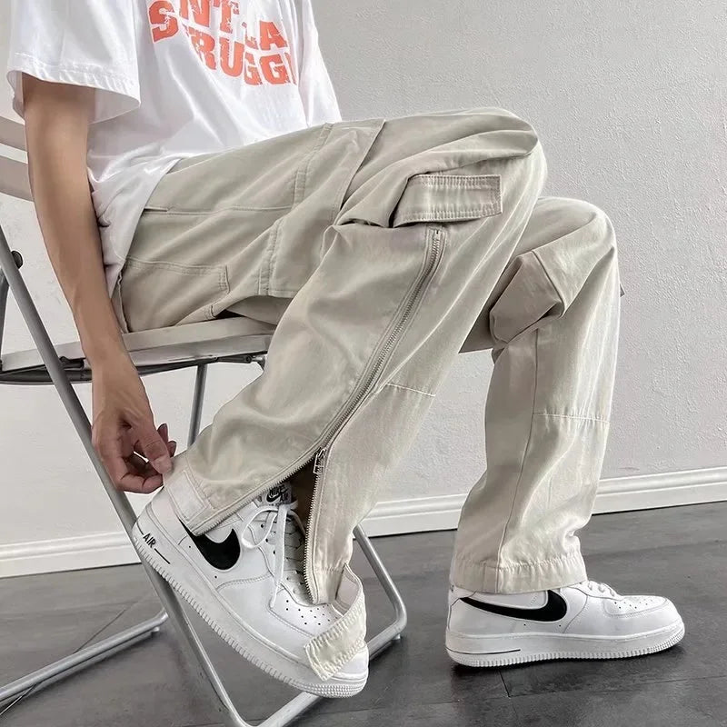 sanyamk Zipper Cargo Pants Men Cotton White Cargo Trousers Male Hip Hop Streetwear Vintage Loose Casual Safari Style Pocket