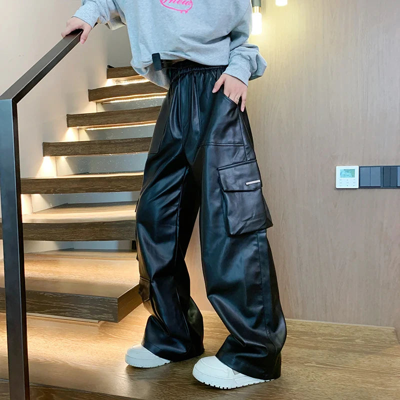 sanyamk Black Leather Pants Men Oversized Retro Pocket Cargo Pants Men Streetwear Hip-hop Loose Wide Leg Pants Mens Motorcycle Trousers