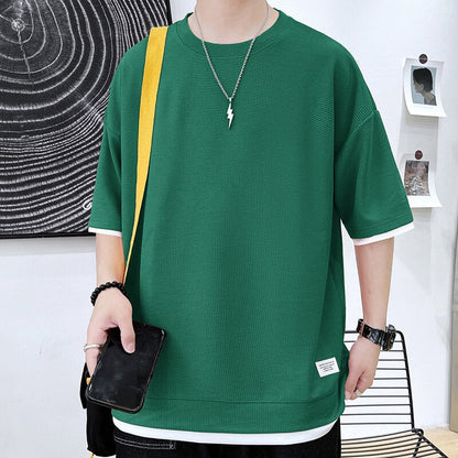 sanyamk Casual Men's Waffle Short-Sleeved T-Shirt Men's 2022 Summer New Simple Loose T-Shirt Fashion Round Neck Quick-Drying Men's Top