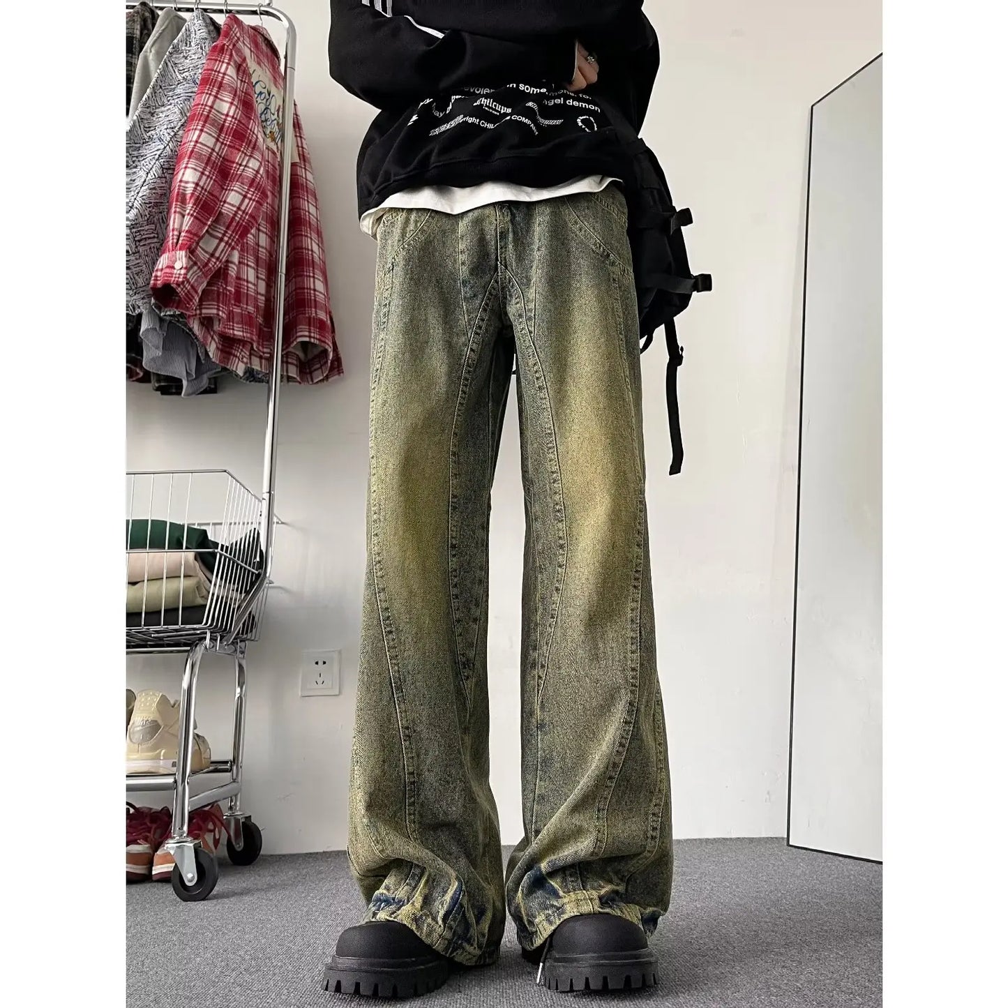 sanyamk Autumn New Jeans Men 2024 Wide Leg Jeans Male Vintage Loose Denim Pants Harajuku Yellow mud Mopping Trousers Streetwear Clothes