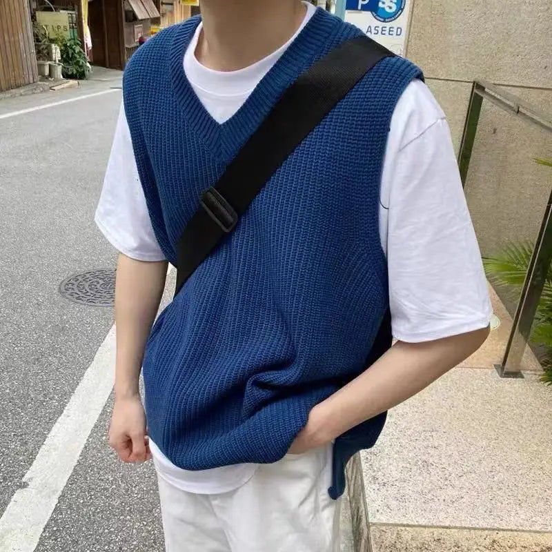 Bonsir Sweater Vest Men V-neck Solid Leisure Loose All-match Streetwear Sleeveless Sweaters Mens Chic Korean Style Sweater Vest C65