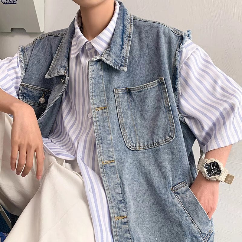 Bonsir Denim Sleeveless Jacket Men Fashion Oversized Harajuku Denim Jeans Casual Jeans Waistcoat Cowboy Hip Hop Streetwear Clothing