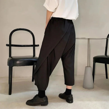 sanyamk Men Double-Layer Irregular Pleated Wide-Leg Pants 2024 New Genderless Dark Style Retro Loose Solid Color Nine-Point Pants Unisex