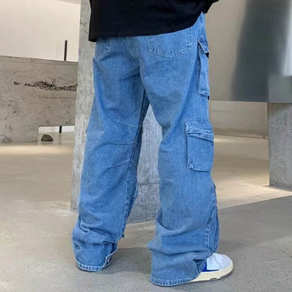 Bonsir Harajuku Solid Color Washed Blue Jeans Pants Men and Women Straight Streetwear Pockets Distressed Denim Cargo Trousers Oversize