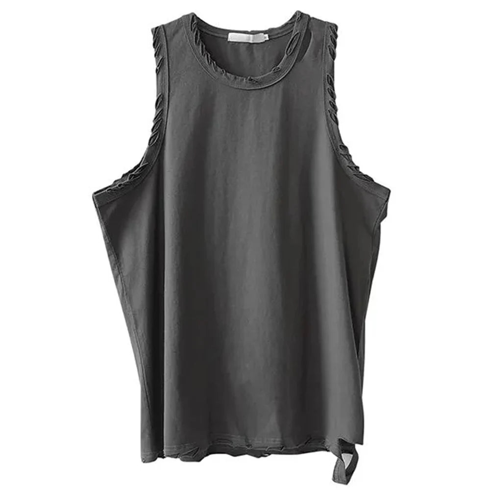 Bonsir Y2k Streetwear Undershirt Men's Trend Ripped Old Vest Summer New Solid Sleeveless Top T-shirt Sports Neutral Casual Sweatshirt