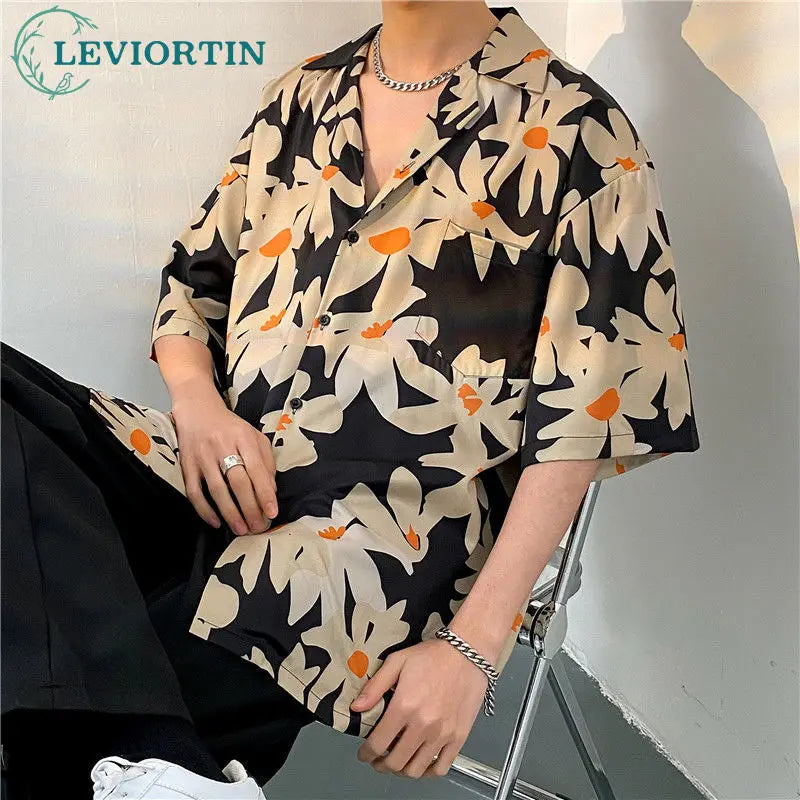 sanyamk Men's Light Mature Summer Beach Thin Blouse Shirt Hip Hop Versatile Casual Short Sleeve Fashion Male Loose Flower Print Shirts