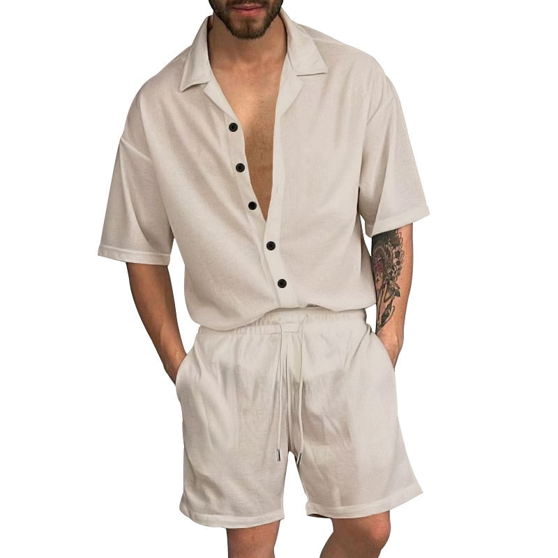 sanyamk Summer Two Piece Mens Sets Solid Color Loose Short Sleeve Lapel Button Shirt And Shorts Suits Men Streetwear Casual Outfits