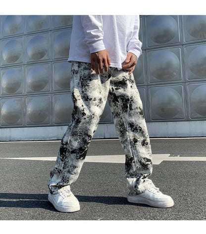 sanyamk Mens Fashion Printed jeans Spring Mopping Trousers Jeans Korean Style High Street Loose Hip Hop Wide-leg Jean Pants