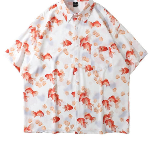 Goldfish Print Short Sleeve Loose Shirt Men Summer Y2K Streetwear Oversized Hawaiian Shirt Harajuku Casual Women Aloha Blouse