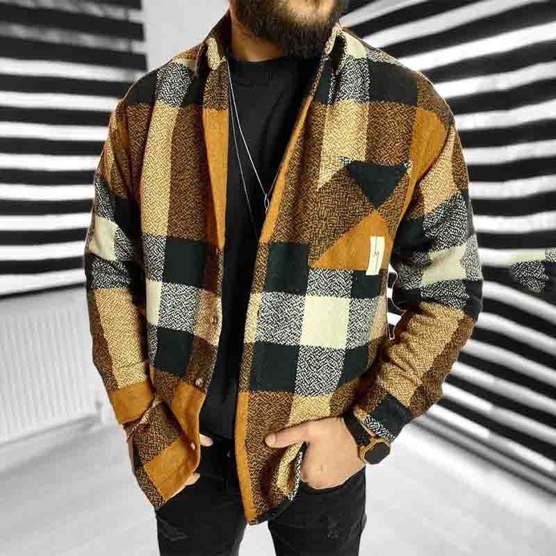 Bonsir Fall Mens Fashion Plaid Printed Shirt Jackets Long Sleeve Turndown Collar Buttoned Outerwear Men Casual Loose Coats Streetwear