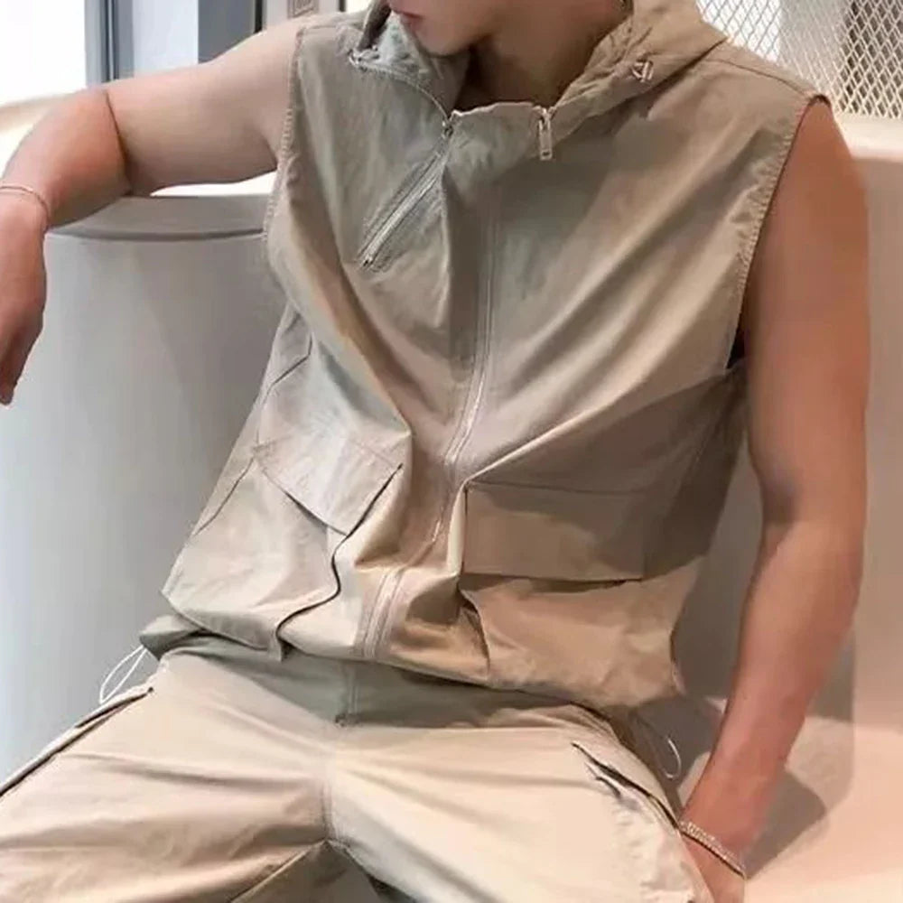 sanyamk Mens Y2k Functional Multi-Pocket Casual Hooded Vest 2024 New Genderless Fashion Loose Solid Color Sleeveless Tank Top Unisex