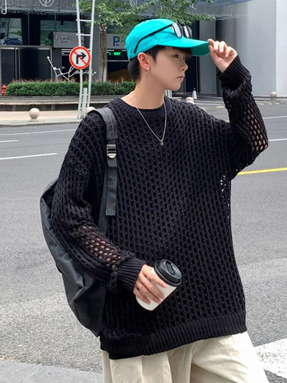 sanyamk Summer Y2k Hollow Out Loose Knitted T-shirt Man Geometic Vintage Casual See Though Male Pullover Sexy Vacaton Beach Jumper ﻿