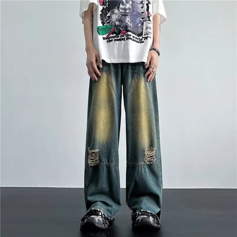 Bonsir New Streetwear Patchwork Jeans Cargo Pants Loose Plus Size Neutral Wide Leg Pants Harajuku Casual Denim Pants Men Clothing Y2K