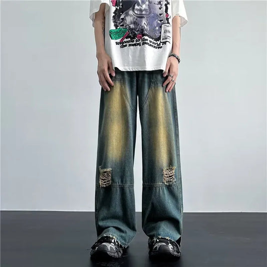 sanyamk New Streetwear Patchwork Jeans Cargo Pants Loose Plus Size Neutral Wide Leg Pants Harajuku Casual Denim Pants Men Clothing Y2K