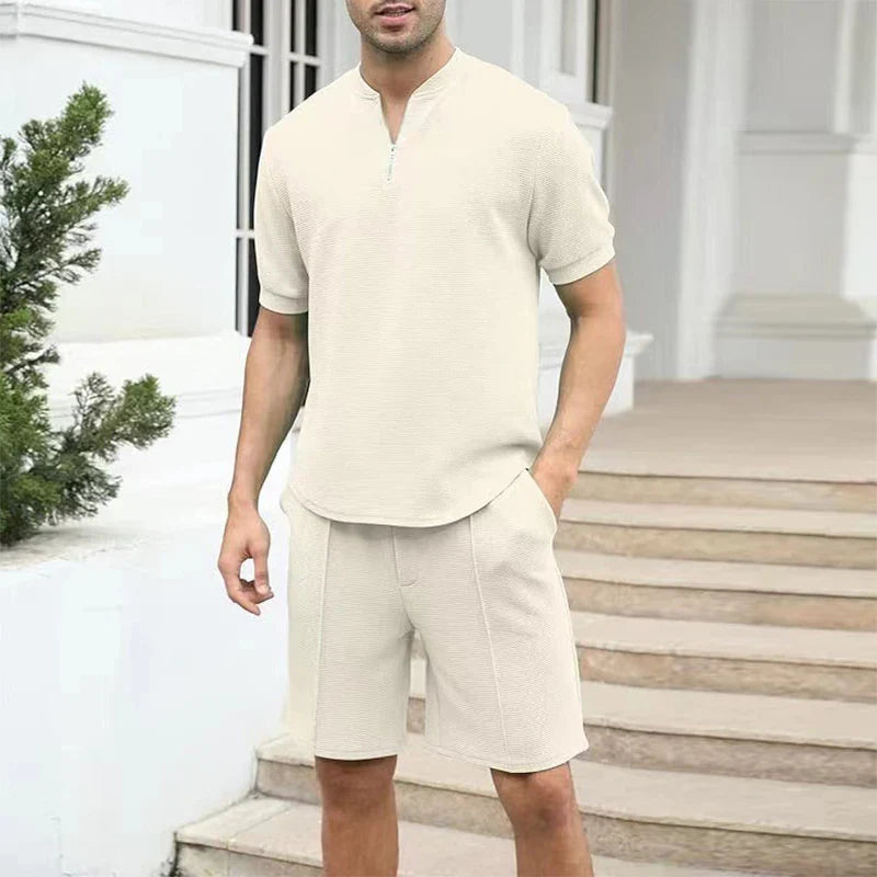 sanyamk New Casual Two Piece Sets Mens Outfit 2024 Spring Summer Fashion Zipper V Neck Short Sleeve T Shirts And Shorts Men Solid Suits