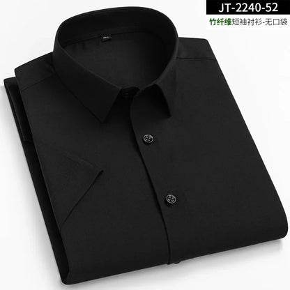 sanyamk Short Sleeve Male Dress Shirts Bamboo Fiber Soft Business Solid Men Formal Shirt No Pocket Comfotable Cool Regular Fit New