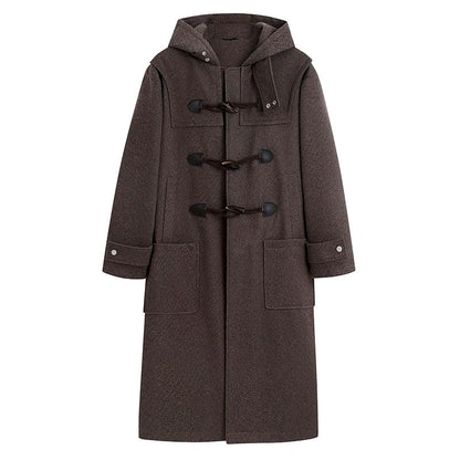 sanyamk Korean-style Woolen Trench Men Horn Button Casual Long Windbreaker Winter Hooded Jacket Coats Fashion Trenchcoat