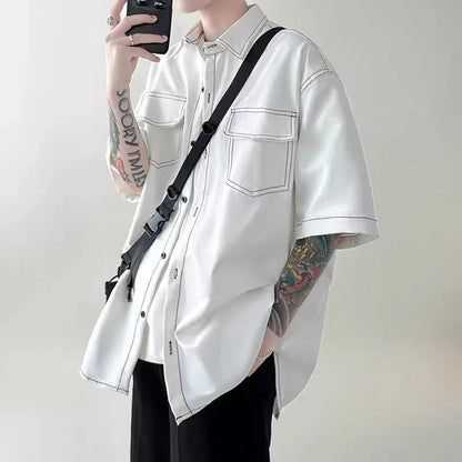 Bonsir Summer Short Sleeved Shirt Men Fashion Retro Black White Shirt Men Streetwear Korean Loose Casual Shirt Mens Vintage Shirts