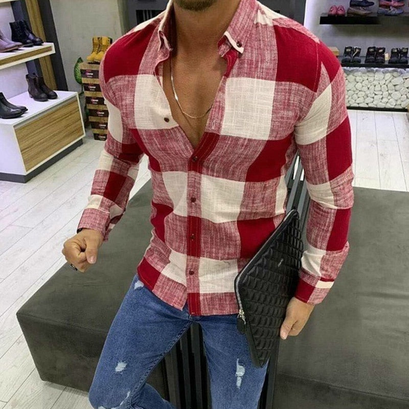 Bonsir Spring Fall Lapel Button Shirts Man Vintage Plaid Print Long Sleeve T-Shirt Top Fashion Men Clothing Business Shirts Streewtear