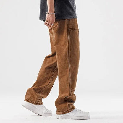 sanyamk New Loose Brown Jeans for Mens Straight Personalized Pocket Decorative Pants for Spring and Summer