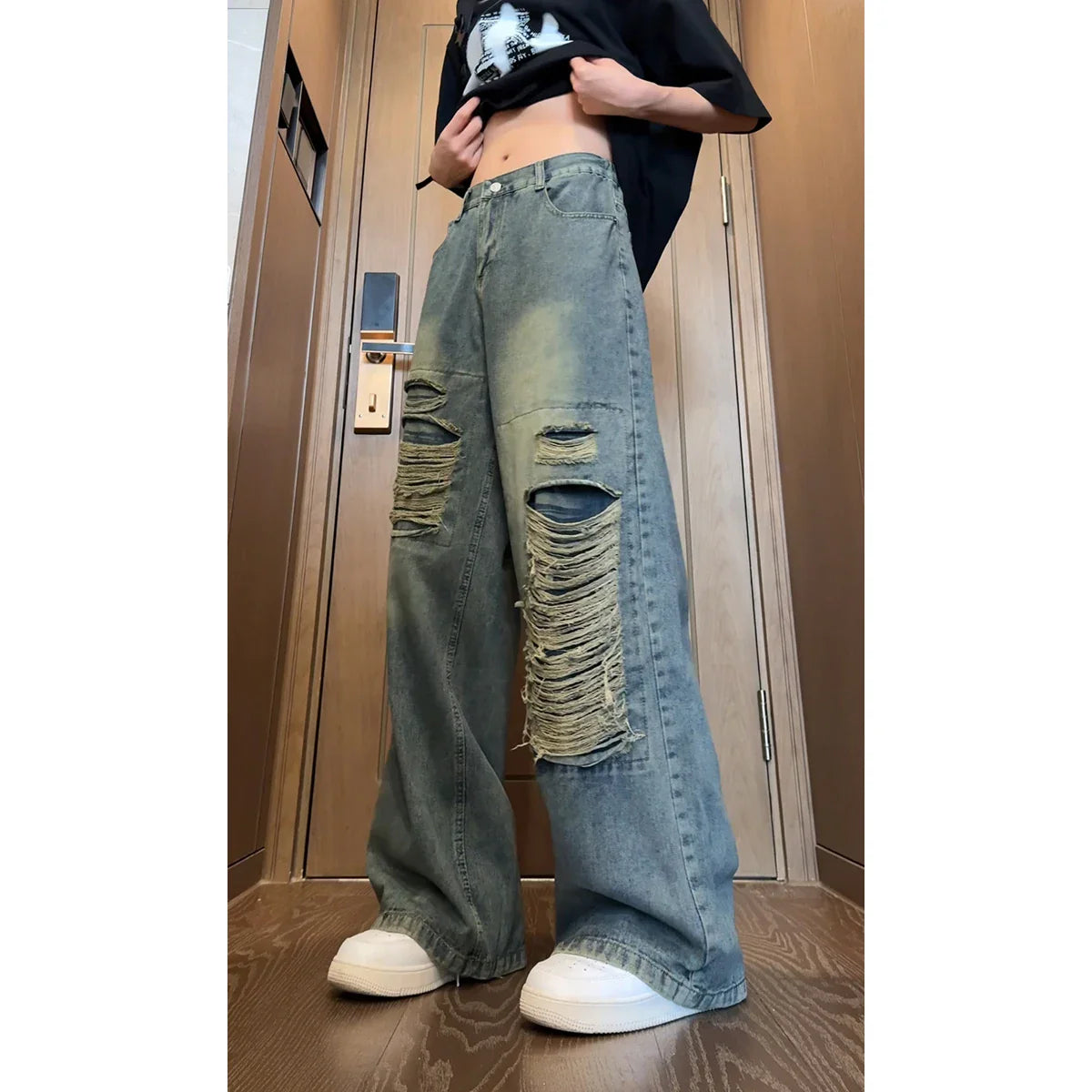 sanyamk Spring Summer Vintage Streetwear Ripped Hole Jeans Men Women Harajuku Aesthetic Wide Leg Denim Trousers Unisex Straight Pants