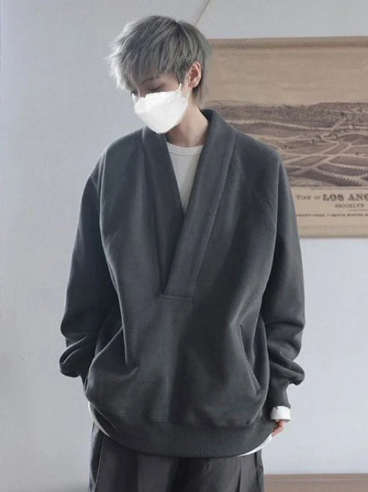 sanyamk Old Money Sweatshirts Men Oversize Pullovers Sweatshirt Male Vintage Casual Japanese Streetwear V-neck Autumn Winter