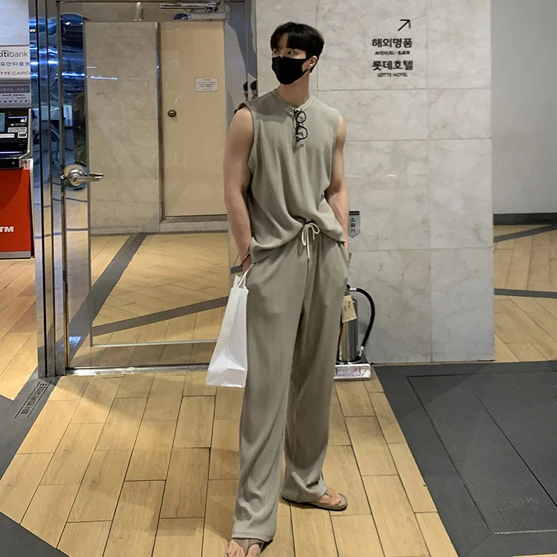 Bonsir 2024 Fashion Men Tank Tops Tshirt Sets Tracksuit Sportswear Solid Stripe Drape Vest+Trousers 2 Piece Streetwear Suit Male