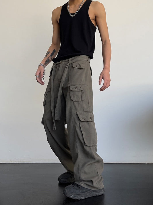 Bonsir High street retro casual large pocket overalls men&#39;s and women&#39;s new summer high waist loose straight tube draped wide leg pants