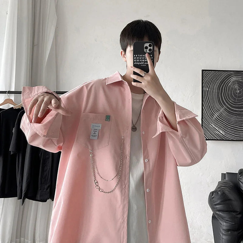 sanyamk Summer Men'S Short-Sleeved Shirt Oversized Korean Version Of The Top Chain Pendant Harajuku Streetwear Men'S Shirt Men