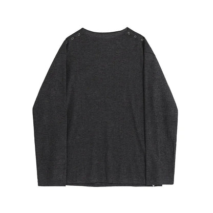 sanyamk  -  Niche Design Men's T-shirts Round Collar Casual Metal Button Tees Long Sleeve Loose Solid Color Male Top New Fashion 9C7904