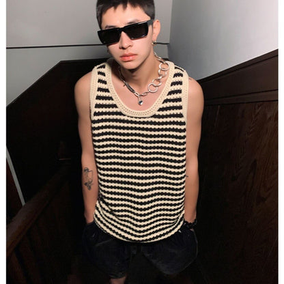 sanyamk  Autumn New Striped Sweater Vest Men O-Neck Casual Loose Retro Black and White Striped Couple Knitted Vest Harajuku Sweater