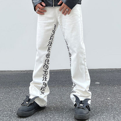 Bonsir High Street Sanskrit Embroidered Flared Jeans Men and Women Vibe Style Loose Straight Casual Denim Trousers Retro Baggy Pants