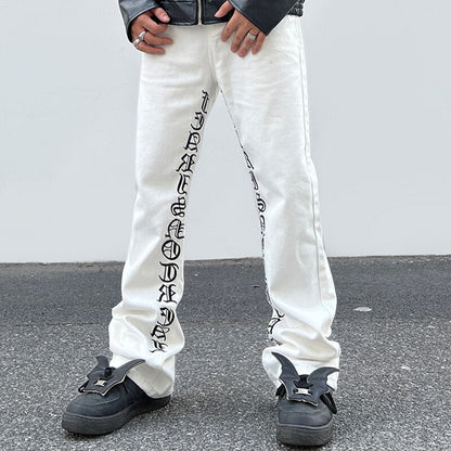 sanyamk High Street Sanskrit Embroidered Flared Jeans Men and Women Vibe Style Loose Straight Casual Denim Trousers Retro Baggy Pants