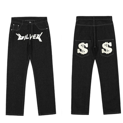 sanyamk Men's Y2k Jeans Cashew Flowers Purple Streetwear Casual Pants Punk Hip Hop Letter Print Baggy Harajuku Straight Denim Trousers