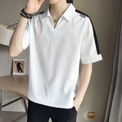 sanyamk Summer New Korean Fashion Trend Versatile Short Sleeved Polo Shirt Men's Lapel Patchwork Design Embroidery Loose Casual Thin Top