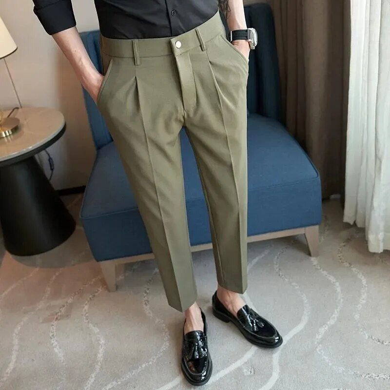 sanyamk British Style Summer New Solid Suit Pants Men Formal Slim Fit Business Elastic Casual High Quality Social Dress