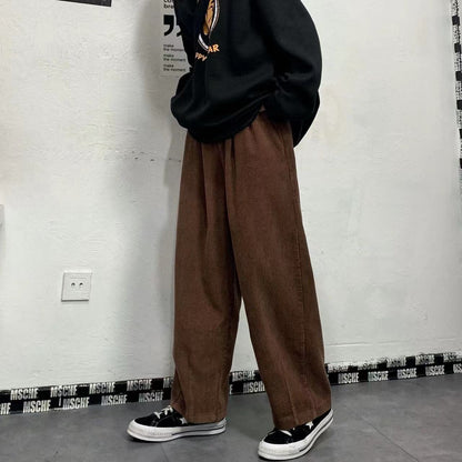sanyamk Men's Korean Style Retro Trend Sweatpants Corduroy Fabric Solid Color Straight Casual Pants Loose Brown Color Trousers