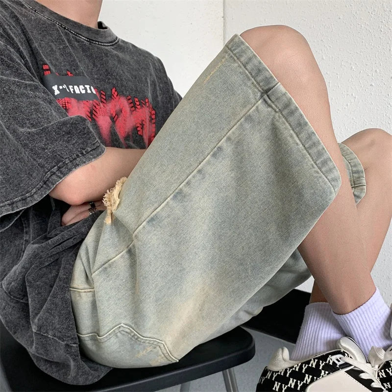 sanyamk Black Baggy Men Jeans Shorts Ripped Summer Japanese Hip Hop Streetwear Harajuku Denim Bermuda Masculina