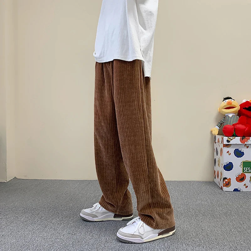 Bonsir Korean Fashion Corduroy Men's Casual Pants White Loose Straight Wide Leg Pants Spring New Street Casual Sports Pants 3XL