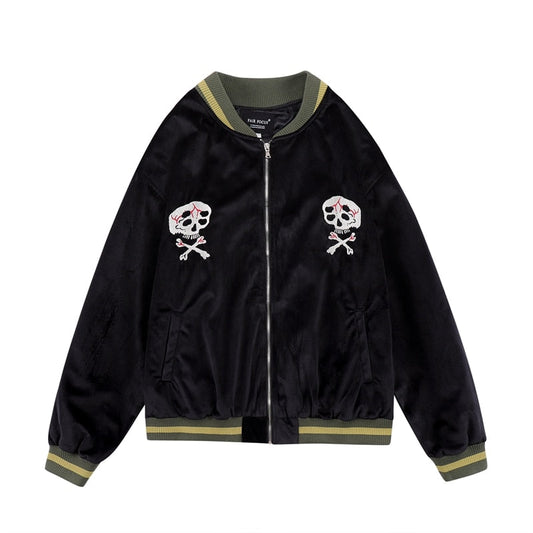 Bonsir Vintage Skull Bone Embroidery Black Velvet Coat for Autumn and Winter Men's High Street Stand Casual Oversized Loose Jackets